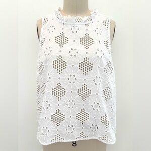 J Crew Fleur Top NWT White Cotton Eyelet Keyhole Back Ruffled Neck L